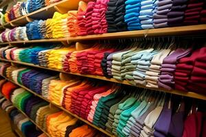 Reihe von modisch Polo T-Shirts zum Mann auf hölzern Aufhänger oder Gestell im ein Kleidung Boutique Verkauf Geschäft Konzept durch ai generiert foto