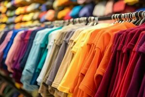 Reihe von modisch Polo T-Shirts zum Mann auf hölzern Aufhänger oder Gestell im ein Kleidung Boutique Verkauf Geschäft Konzept durch ai generiert foto