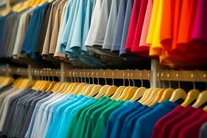 Reihe von modisch Polo T-Shirts zum Mann auf hölzern Aufhänger oder Gestell im ein Kleidung Boutique Verkauf Geschäft Konzept durch ai generiert foto