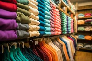 Reihe von modisch Polo T-Shirts zum Mann auf hölzern Aufhänger oder Gestell im ein Kleidung Boutique Verkauf Geschäft Konzept durch ai generiert foto