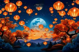 fliegend Laternen im das Nacht Himmel während das Diwali Festival Indien, yee peng oder mitte Herbst Tag im China Konzept durch ai generiert foto