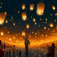 fliegend Laternen im das Nacht Himmel während das Diwali Festival Indien, yee peng oder mitte Herbst Tag im China Konzept durch ai generiert foto