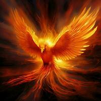 Phönix Vogel mit ausgestreckt Flügel steigend Verbrennung im Flammen. Epos Phönix Vogel Feuer Wiedergeburt Leistung Konzept durch ai generiert foto