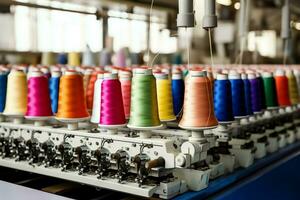 Textil- Stoff Fabrik Industrie mit Stickerei Maschine, Stricken oder Spinnen. Nähen Faden Unternehmen Konzept durch ai generiert foto