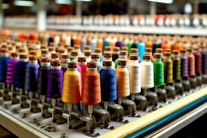 Textil- Stoff Fabrik Industrie mit Stickerei Maschine, Stricken oder Spinnen. Nähen Faden Unternehmen Konzept durch ai generiert foto