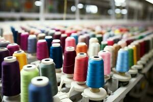 Textil- Stoff Fabrik Industrie mit Stickerei Maschine, Stricken oder Spinnen. Nähen Faden Unternehmen Konzept durch ai generiert foto