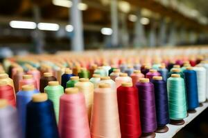 Textil- Stoff Fabrik Industrie mit Stickerei Maschine, Stricken oder Spinnen. Nähen Faden Unternehmen Konzept durch ai generiert foto