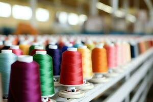 Textil- Stoff Fabrik Industrie mit Stickerei Maschine, Stricken oder Spinnen. Nähen Faden Unternehmen Konzept durch ai generiert foto