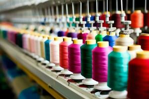 Textil- Stoff Fabrik Industrie mit Stickerei Maschine, Stricken oder Spinnen. Nähen Faden Unternehmen Konzept durch ai generiert foto