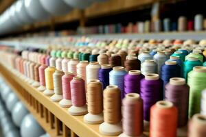 Textil- Stoff Fabrik Industrie mit Stickerei Maschine, Stricken oder Spinnen. Nähen Faden Unternehmen Konzept durch ai generiert foto