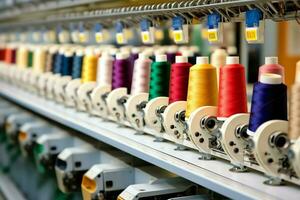 Textil- Stoff Fabrik Industrie mit Stickerei Maschine, Stricken oder Spinnen. Nähen Faden Unternehmen Konzept durch ai generiert foto