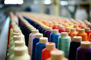 Textil- Stoff Fabrik Industrie mit Stickerei Maschine, Stricken oder Spinnen. Nähen Faden Unternehmen Konzept durch ai generiert foto