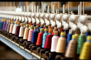 Textil- Stoff Fabrik Industrie mit Stickerei Maschine, Stricken oder Spinnen. Nähen Faden Unternehmen Konzept durch ai generiert foto