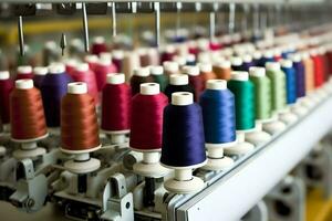 Textil- Stoff Fabrik Industrie mit Stickerei Maschine, Stricken oder Spinnen. Nähen Faden Unternehmen Konzept durch ai generiert foto