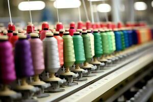 Textil- Stoff Fabrik Industrie mit Stickerei Maschine, Stricken oder Spinnen. Nähen Faden Unternehmen Konzept durch ai generiert foto