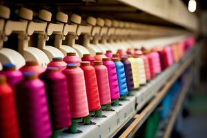 Textil- Stoff Fabrik Industrie mit Stickerei Maschine, Stricken oder Spinnen. Nähen Faden Unternehmen Konzept durch ai generiert foto