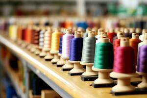 Textil- Stoff Fabrik Industrie mit Stickerei Maschine, Stricken oder Spinnen. Nähen Faden Unternehmen Konzept durch ai generiert foto