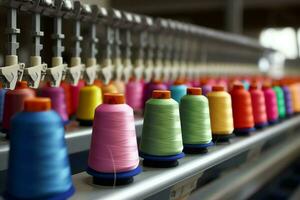 Textil- Stoff Fabrik Industrie mit Stickerei Maschine, Stricken oder Spinnen. Nähen Faden Unternehmen Konzept durch ai generiert foto