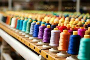 Textil- Stoff Fabrik Industrie mit Stickerei Maschine, Stricken oder Spinnen. Nähen Faden Unternehmen Konzept durch ai generiert foto