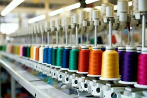 Textil- Stoff Fabrik Industrie mit Stickerei Maschine, Stricken oder Spinnen. Nähen Faden Unternehmen Konzept durch ai generiert foto