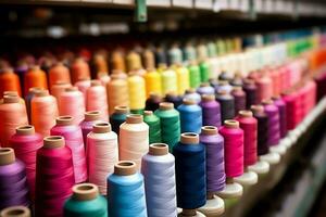 Textil- Stoff Fabrik Industrie mit Stickerei Maschine, Stricken oder Spinnen. Nähen Faden Unternehmen Konzept durch ai generiert foto