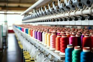 Textil- Stoff Fabrik Industrie mit Stickerei Maschine, Stricken oder Spinnen. Nähen Faden Unternehmen Konzept durch ai generiert foto