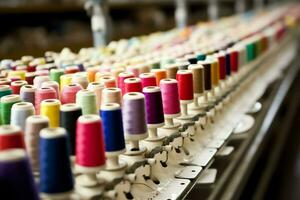 Textil- Stoff Fabrik Industrie mit Stickerei Maschine, Stricken oder Spinnen. Nähen Faden Unternehmen Konzept durch ai generiert foto