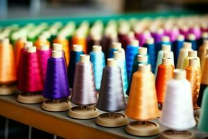 Textil- Stoff Fabrik Industrie mit Stickerei Maschine, Stricken oder Spinnen. Nähen Faden Unternehmen Konzept durch ai generiert foto