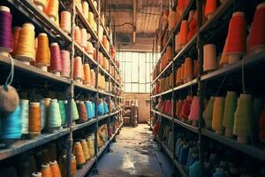 Textil- Stoff Fabrik Industrie mit Stickerei Maschine, Stricken oder Spinnen. Nähen Faden Unternehmen Konzept durch ai generiert foto