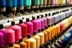 Textil- Stoff Fabrik Industrie mit Stickerei Maschine, Stricken oder Spinnen. Nähen Faden Unternehmen Konzept durch ai generiert foto