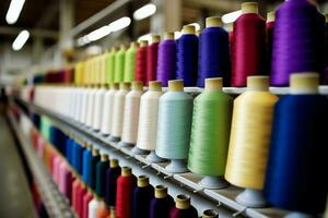 Textil- Stoff Fabrik Industrie mit Stickerei Maschine, Stricken oder Spinnen. Nähen Faden Unternehmen Konzept durch ai generiert foto