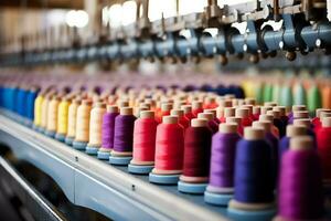 Textil- Stoff Fabrik Industrie mit Stickerei Maschine, Stricken oder Spinnen. Nähen Faden Unternehmen Konzept durch ai generiert foto