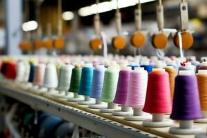 Textil- Stoff Fabrik Industrie mit Stickerei Maschine, Stricken oder Spinnen. Nähen Faden Unternehmen Konzept durch ai generiert foto