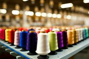 Textil- Stoff Fabrik Industrie mit Stickerei Maschine, Stricken oder Spinnen. Nähen Faden Unternehmen Konzept durch ai generiert foto