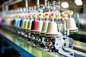 Textil- Stoff Fabrik Industrie mit Stickerei Maschine, Stricken oder Spinnen. Nähen Faden Unternehmen Konzept durch ai generiert foto