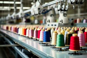 Textil- Stoff Fabrik Industrie mit Stickerei Maschine, Stricken oder Spinnen. Nähen Faden Unternehmen Konzept durch ai generiert foto