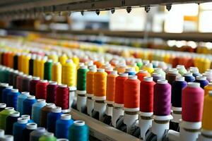 Textil- Stoff Fabrik Industrie mit Stickerei Maschine, Stricken oder Spinnen. Nähen Faden Unternehmen Konzept durch ai generiert foto