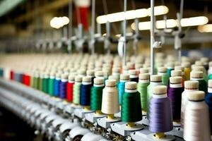 Textil- Stoff Fabrik Industrie mit Stickerei Maschine, Stricken oder Spinnen. Nähen Faden Unternehmen Konzept durch ai generiert foto