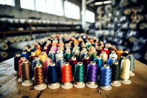 Textil- Stoff Fabrik Industrie mit Stickerei Maschine, Stricken oder Spinnen. Nähen Faden Unternehmen Konzept durch ai generiert foto