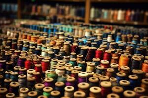 Textil- Stoff Fabrik Industrie mit Stickerei Maschine, Stricken oder Spinnen. Nähen Faden Unternehmen Konzept durch ai generiert foto