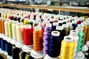 Textil- Stoff Fabrik Industrie mit Stickerei Maschine, Stricken oder Spinnen. Nähen Faden Unternehmen Konzept durch ai generiert foto