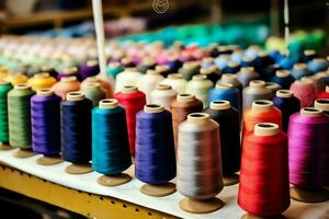 Textil- Stoff Fabrik Industrie mit Stickerei Maschine, Stricken oder Spinnen. Nähen Faden Unternehmen Konzept durch ai generiert foto