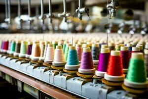 Textil- Stoff Fabrik Industrie mit Stickerei Maschine, Stricken oder Spinnen. Nähen Faden Unternehmen Konzept durch ai generiert foto