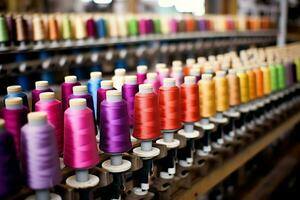 Textil- Stoff Fabrik Industrie mit Stickerei Maschine, Stricken oder Spinnen. Nähen Faden Unternehmen Konzept durch ai generiert foto