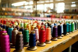 Textil- Stoff Fabrik Industrie mit Stickerei Maschine, Stricken oder Spinnen. Nähen Faden Unternehmen Konzept durch ai generiert foto