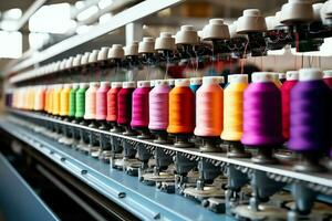 Textil- Stoff Fabrik Industrie mit Stickerei Maschine, Stricken oder Spinnen. Nähen Faden Unternehmen Konzept durch ai generiert foto