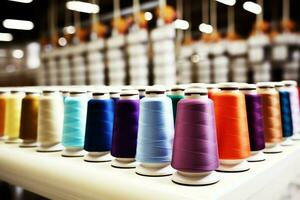 Textil- Stoff Fabrik Industrie mit Stickerei Maschine, Stricken oder Spinnen. Nähen Faden Unternehmen Konzept durch ai generiert foto