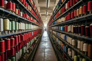 Textil- Stoff Fabrik Industrie mit Stickerei Maschine, Stricken oder Spinnen. Nähen Faden Unternehmen Konzept durch ai generiert foto