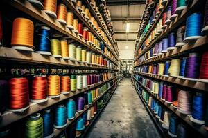 Textil- Stoff Fabrik Industrie mit Stickerei Maschine, Stricken oder Spinnen. Nähen Faden Unternehmen Konzept durch ai generiert foto