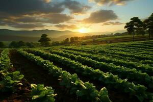 schön Aussicht von ein Tee Feld Plantage, Weinberg Bauernhof oder Erdbeere Garten im das Grün Hügel beim Sonnenaufgang Konzept durch ai generiert foto